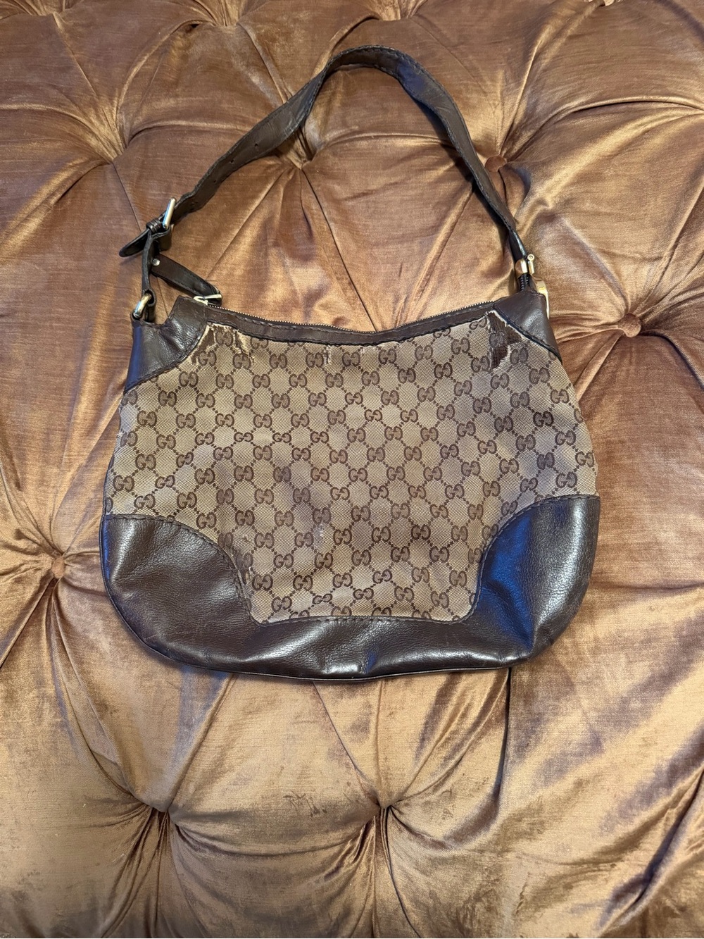 Gucci Beige GG Canvas Hobo with Dark Brown Leather Trim